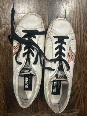 Golden Goose White Leather Sneakers with Pink Star and Black Laces